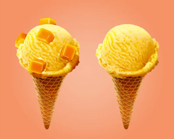 Cono Helado Con Jugoso Mango Picado Ilustración — Archivo Imágenes Vectoriales