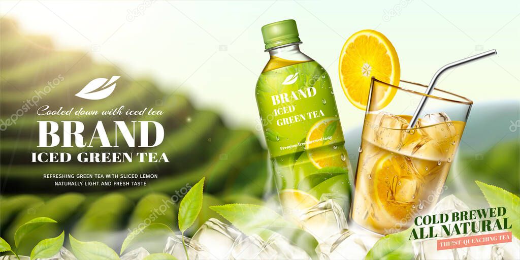 Bottled green tea ads with flying tea leaves and ice cubes on bokeh tea plantation background in 3d illustration