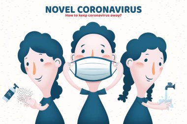 Koronavirüsü uzak tutmanın en iyi üç yolu, dezenfektan spreyi kullanmak, maske takmak ve ellerini yıkamak, COVID-19 önleme illüstrasyonu