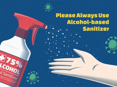 Ellerinizi temizlemek için alkol dezenfektanı kullanıyorsunuz. COVID-19 önleme illüstrasyonu.