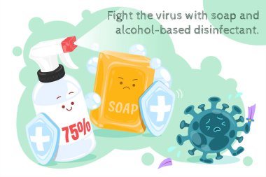 Güzel sağlık tanıtımı düz çizim, COVID-19 'dan kaçınmak için sabun ve alkol bazlı spreyle virüsle savaş.