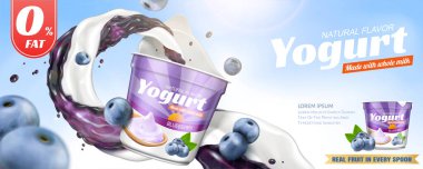 Doğal yabanmersinli yoğurt reklamları taze meyve, yoğurt ve reçel ile plastikten akan mavi güneş ışığı gökyüzü, 3D resim