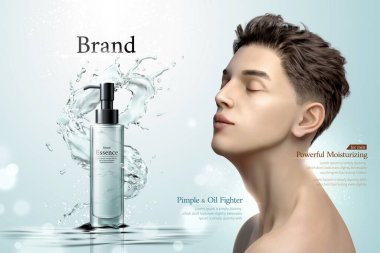 Su sıçratan ürün reklamları ve göz kapakları kapalı çene yukarı 3D illüstrasyon, bokeh pırıltılı arka plan