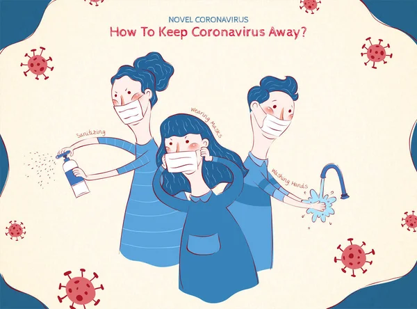 Drei Beste Möglichkeiten Coronavirus Fernzuhalten Die Desinfektionsspray Verwenden Eine Maske — Stockvektor