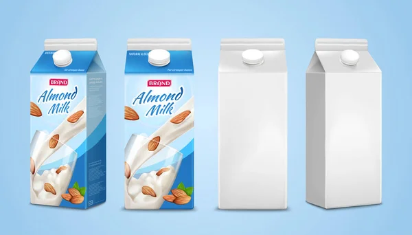 3Dイラストミルクカートンボックスモックアップ アーモンドミルクパッケージデザインと他の2つは平らな青色の背景に空白です — ストックベクタ