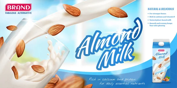 Näringsrik Mandel Mjölk Banner Annonser Med Vätska Och Frön Häller — Stock vektor