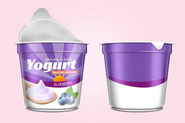 Illustration Blaubeere Joghurt Plastikbecher Mocup Isoliert Auf Hellrosa Hintergrund Eine — Stockvektor