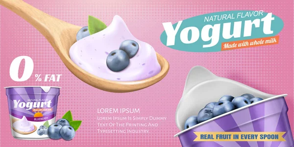 Přírodní Borůvkový Jogurt Banner Reklamy Lžičkou Jogurtu Šálek Čerstvého Ovoce — Stockový vektor