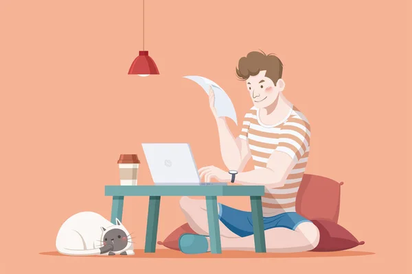 Mann Arbeitet Laptop Couchtisch Mit Seiner Katze Arbeit Von Hause — Stockvektor