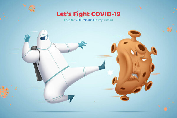 Man Hazmat Suit Kicking Bad Virus Away Fight Covid Concept — Stock Vector