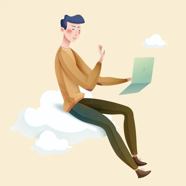 Front Side View Elegant Young Man Sitting Soft Cloud Using — Stock Vector