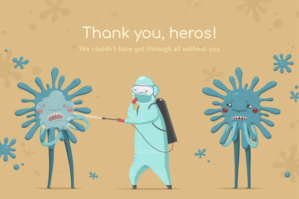 用消毒剂喷雾器防治防护服中的细菌和病毒的可爱特性 向所有勤劳的医护人员致谢的理念 — 图库矢量图片