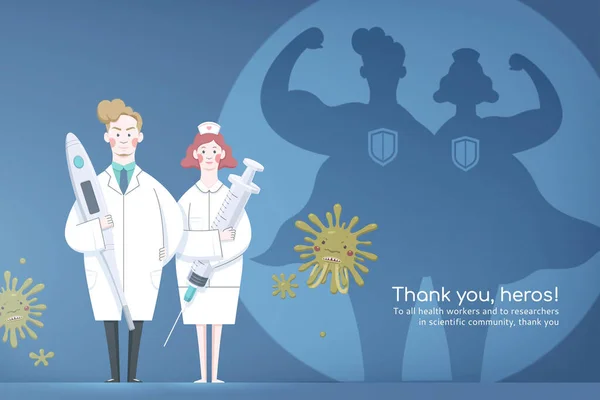 医者と看護師が体温計と注射器を持っているスーパーヒーローの影の後ろに すべての勤勉な医療従事者のためのポスター — ストックベクタ