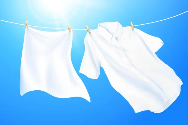 Mavi Gökyüzüne Karşı Çamaşır Ipine Asılı Temiz Beyaz Elbiseler — Stok Vektör