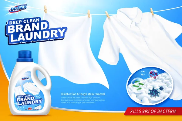 Lavanderia Detergente Anúncios Com Roupas Limpas Brancas Penduradas Luz Solar —  Vetores de Stock