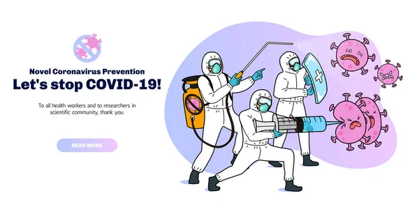 Disegno Banner Web Prevenzione Covid Uomini Tuta Hazmat Sconfiggono Virus — Vettoriale Stock