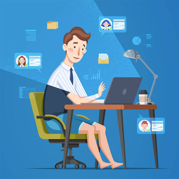 Young Businessman Working Home His Laptop Flat Style Blue Background — Stock Vector