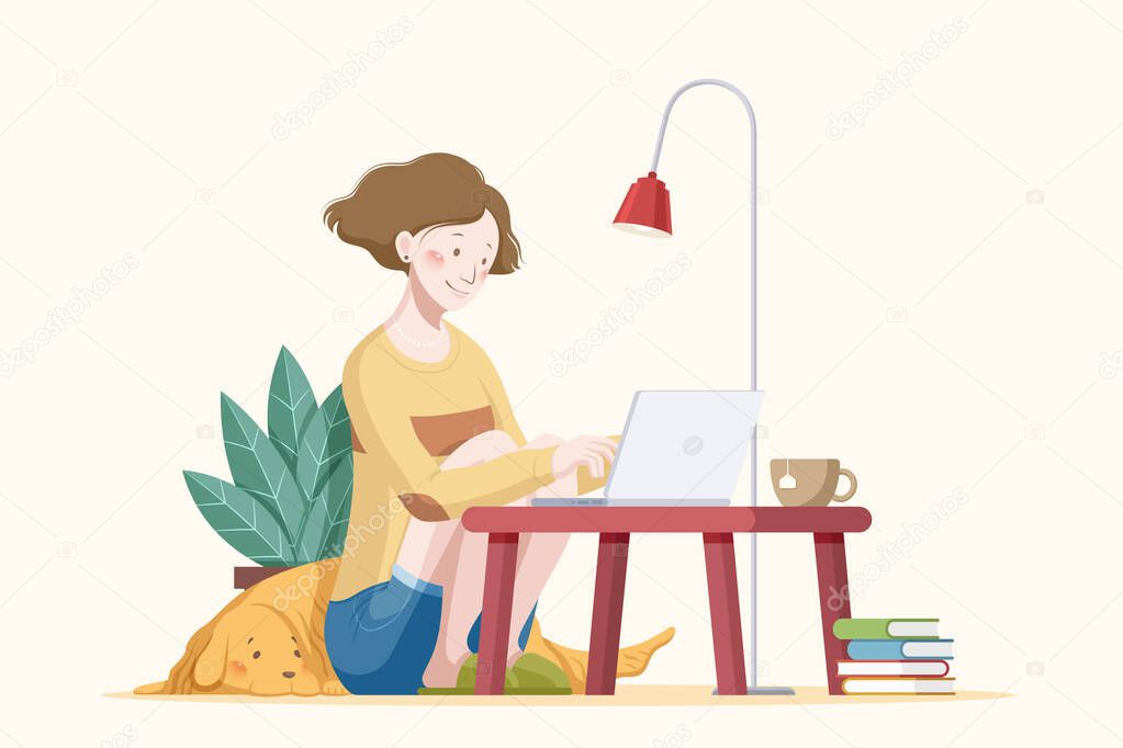 Woman working on laptop at a coffee table with her dog, cozy work from home flat style illustration