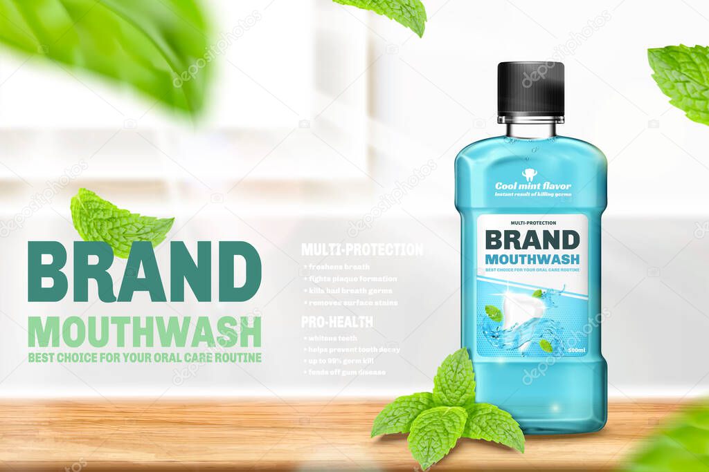 3d illustration of mouthwash ad template, realistic bottle mock up set on wooden table and decorated with peppermint leaves