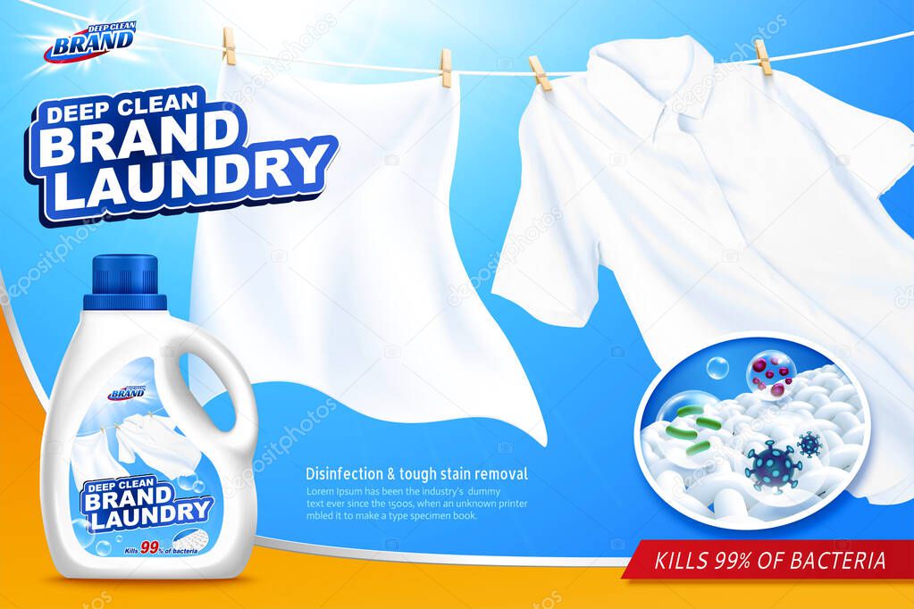 Laundry detergent ads with clean and white clothes hanging in sunlight, 3d illustration