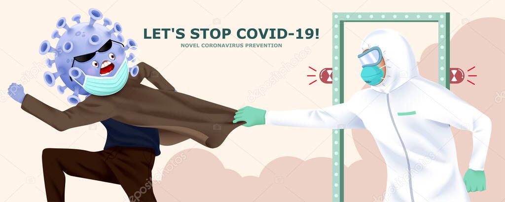 Coronavirus disguising itself with face mask tried to pass the gate but got caught by medical worker in hazmat suit, concept of detecting potential infection of COVID-19