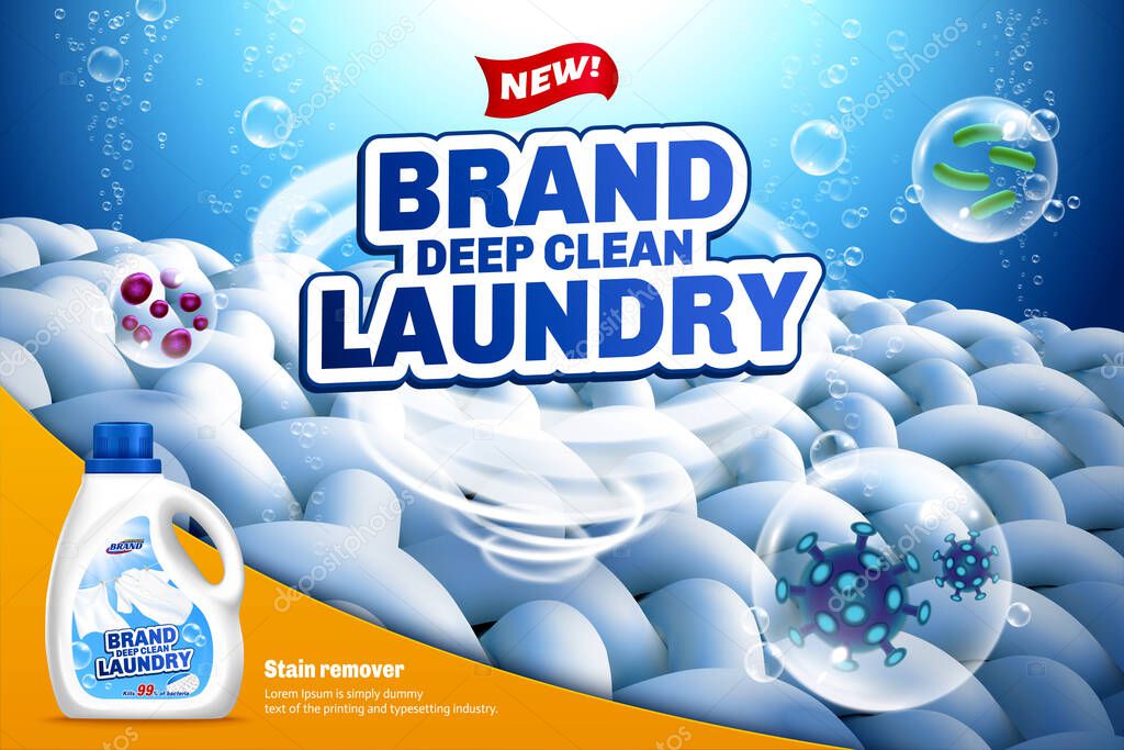 Deep clean laundry detergent ads with tornado removing bacteria out, 3d illustration hygiene product