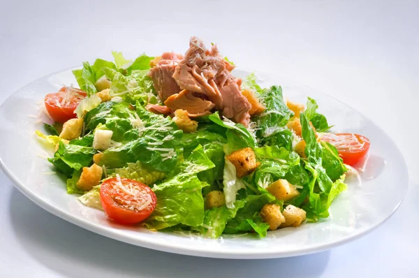 Salad Glass White Plate Cherry Tomatoes Meat Croutons Lettuce Grated — Stock Photo, Image