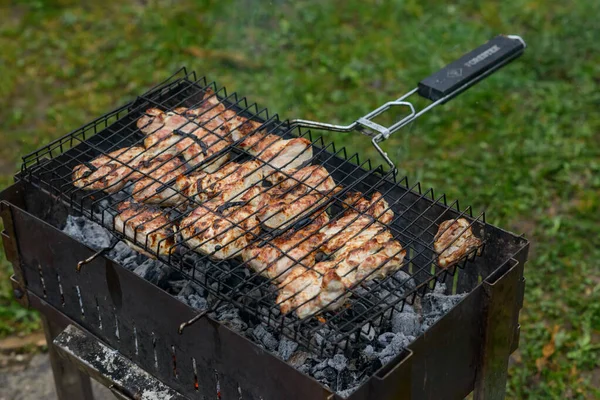 Grilled Varkensvlees Barbecue Stukken Barbecue Rook Een Achtergrond Van Groen — Stockfoto