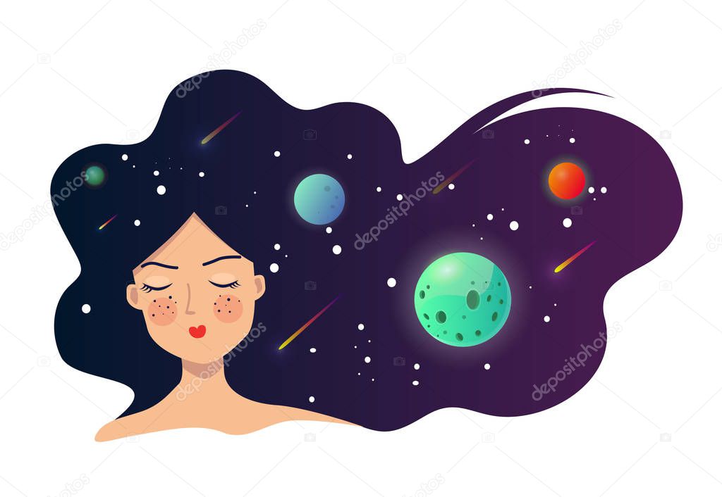 Vector illustration of a sleeping girl with developing hair. Hair symbolizes the universe and planets with zedas and comets. Use as a symbol of the unconscious, cosmos within us.