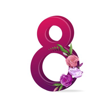 Sekiz numaralı vektör, çiçekli beyaz bir arkaplanda. 8 Mart Uluslararası Kadınlar Günü 'nü kutlarım. Mor tonlarda izole edilmiş numara. Bahar tatilinin sembolü..