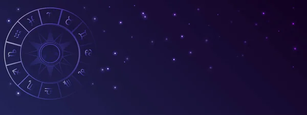 Modré Tmavé Hvězdnaté Pozadí Oblohy Astrologický Kruh Znaky Zvěrokruhu Vektorová — Stockový vektor