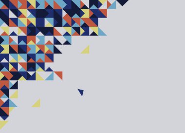 Geometrik süslemeli soyut vektör arkaplanı. Mavi, bej, turuncu, gri arkaplanda mavi ve üçgenler. Broşür, site ve daha fazlası için. Resim düzenlenebilir