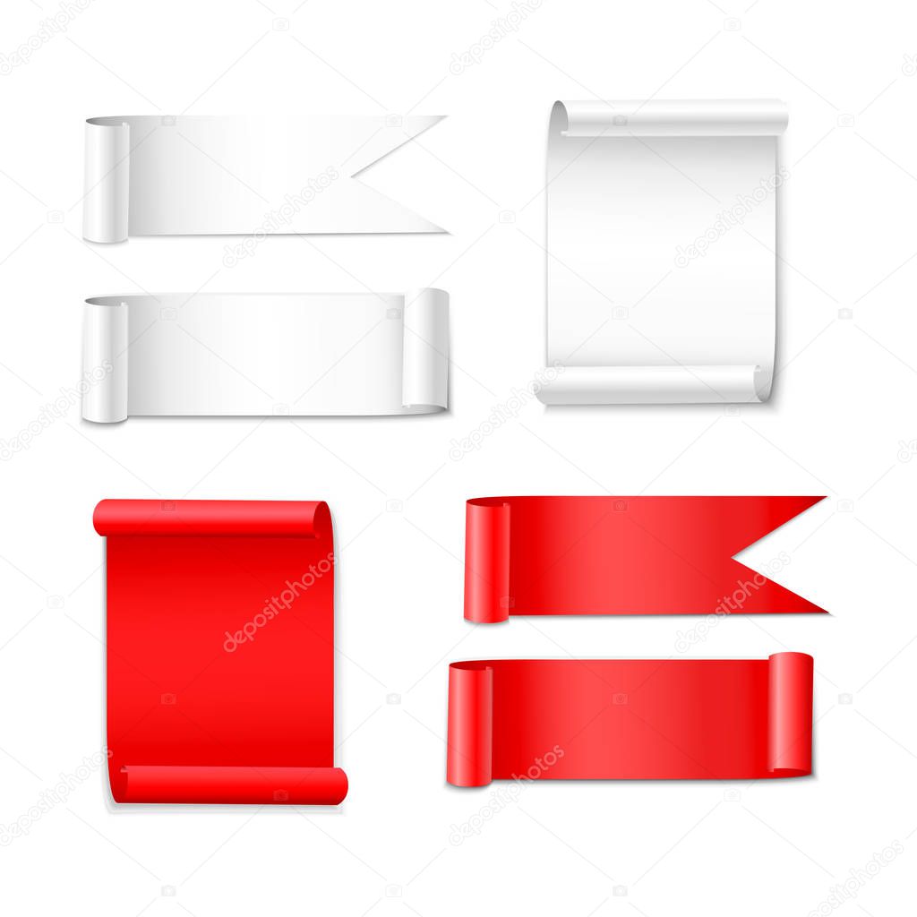 vector set of blank templates, poster, sticker, convolution, white and red colors. Isolated image on a white background paper,  ribbon or flag of white and red. frame for text