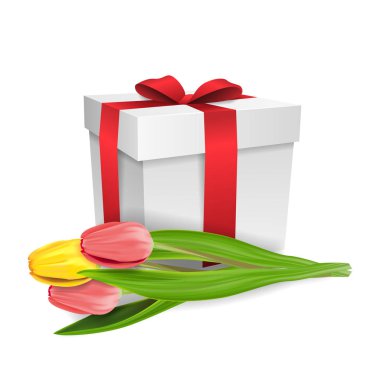 Bouquet of red and yellow tulips with a white gift box tied with a satin ribbon in a bow. Vector isolated image of a bouquet of spring flowers, clipart for greeting card with March 8 or happy birthday.