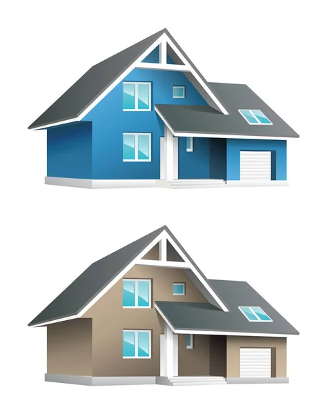 一套舒适的3D房子 米黄色和蓝色 有车库和门廊 矢量图解 可编辑的部分 房子的白色背景 建筑符号 房地产购买 矢量图形