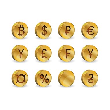 Altın sikkeler, dünyanın farklı ülkelerinin para birimi işaretleri: dolar, avro, ruble, yen, yuan, bitcoin, frank ve hryvnia. Finansal ve ekonomik siteler için beyaz arkaplanda vektör simgeleri.