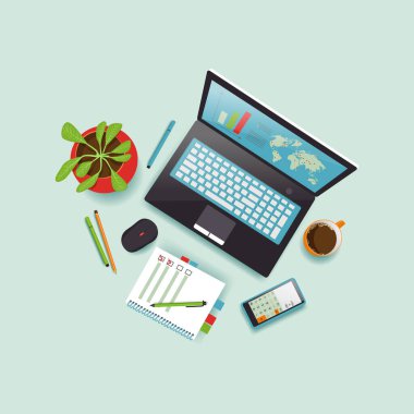 Masaüstü, üst manzara. Mavi arka planda siyah bir not ve kahve fincanı olan bir laptop. Ofis masasının çalışma ortamı. Çalışma sürecini sembolize eden vektör çizimi, büyüme grafiği olan bir bilgisayarda çalışmak. Planlayıcıyla sayfayı kontrol et