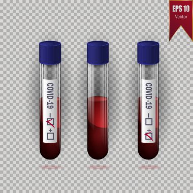 COVID-19 için kan testi yapılan tıbbi test tüpleri. Koronavirüsü tespit etmek için damardaki kanı temizleyici. Şeffaf bir arkaplanda vektör stoğu izole edilmiş illüstrasyon.