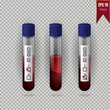 A set of medical test tubes with a blood test for COVID-19. Vacutainer for blood from a vein to detect coronavirus. Vector stock isolated illustration on a transparent background. clipart