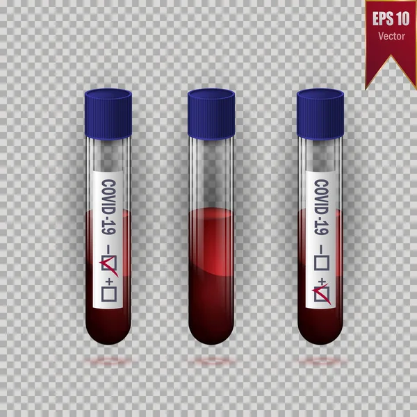 一套带有Covid 19血液检测的医疗试管 从静脉抽吸血液以检测大肠病毒的真空器 透明背景下的矢量存量孤立说明 图库矢量图片
