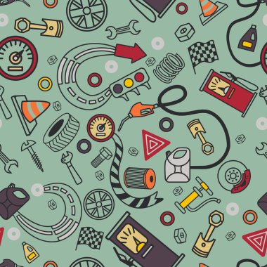 Araba veya otomobil servisi temasında bir dizi pürüzsüz desen. Araba parçaları, mavi, gri ve mavi arka planda. Kumaş veya ambalaj, kartvizit tasarımı veya arkaplan olarak kullan