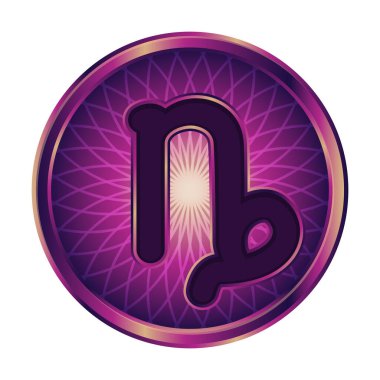 Burç burcu Oğlak burcu simgesi mor yuvarlak tonlarda bir yıldız falı ya da astrolojik bir tahmin için. Beyaz arka planda izole hisse senedi çizimi. Astrolojik web sitesi için kullan.