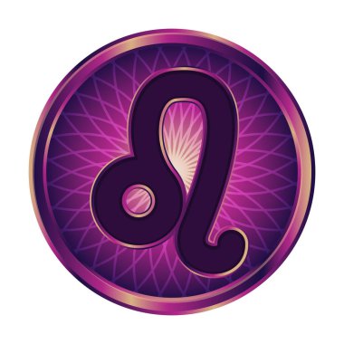 Zodyak işareti Leo. Mor renkli vektör simgesi, yıldız falı ve astrolojik temalı siteler için yuvarlak düğme. Beyaz arkaplanda bir sembolle izole edilmiş resim.