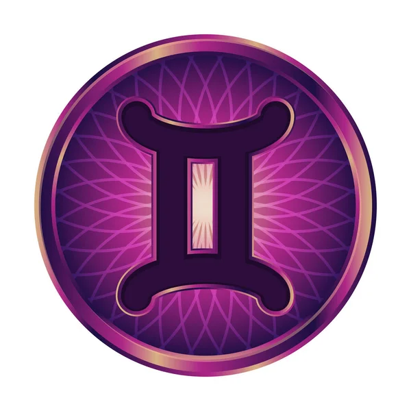 Gemini burcu. Mor renkli vektör simgesi, yıldız falı ve astrolojik temalı siteler için yuvarlak düğme. Beyaz arkaplanda izole edilmiş resim.