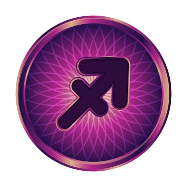 Burçların burcunun sembolü yay burcu. Beyaz arka planda eflatun renginde vektör illüstrasyon. Yıldız falı olan bir site için düğme veya yuvarlak simge.