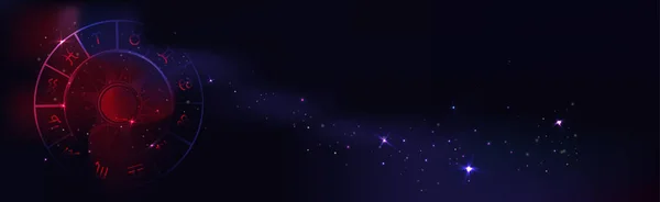 Векторный Фон Ночного Неба Астрологическим Кругом Знаками Зодиака Пространственный Горизонтальный — стоковый вектор