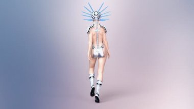 Kadın podyum üzerinde yürüme fütüristik metalik bikini.