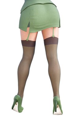 Askeri haki kız. Arkadan Görünüm. Karanlık çorap garters ile. Abartılı moda sanat. Kadın ayakta samimi kışkırtıcı seksi poz. Fotogerçekçi 3d render illüstrasyon izole et. Stüdyo.