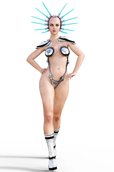 Frau im futuristischen metallischen Bikini. — Stockfoto