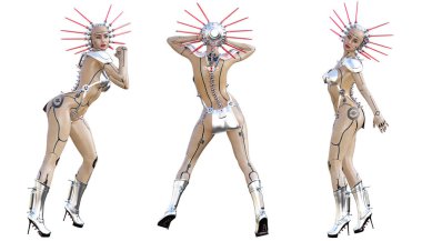 Set Cyborg kadın fütüristik metalik bikini.